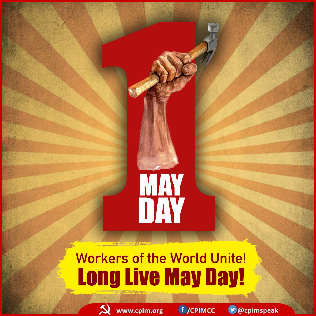 cpimspeak's tweet photo. CPI (M) Extends its Revolutionary Greetings on the May Day!
Long Live May Day!
Long Live Socialism! 
On this May Day CPI (M) extends its revolutionary greetings to the working class and toiling people across the world and in our own country, India. https://t.co/aRGD5dNJ4i