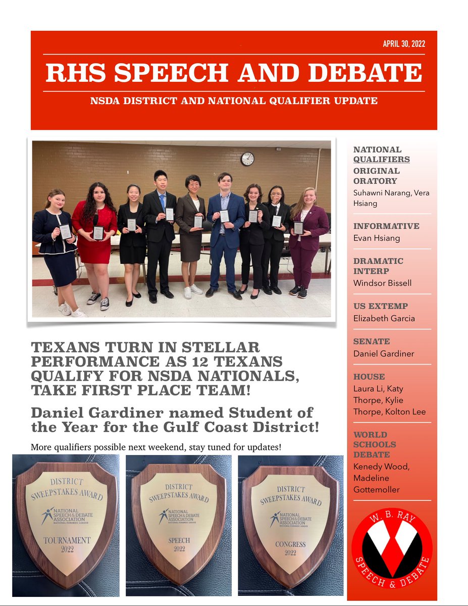 wbrayforensics's tweet photo. @wbrayhs @CCISD Top Team at District with 12 Texans qualified for Nationals! Great year, great results! #TexanPride #CCISDProud https://t.co/tNDlubSsQb