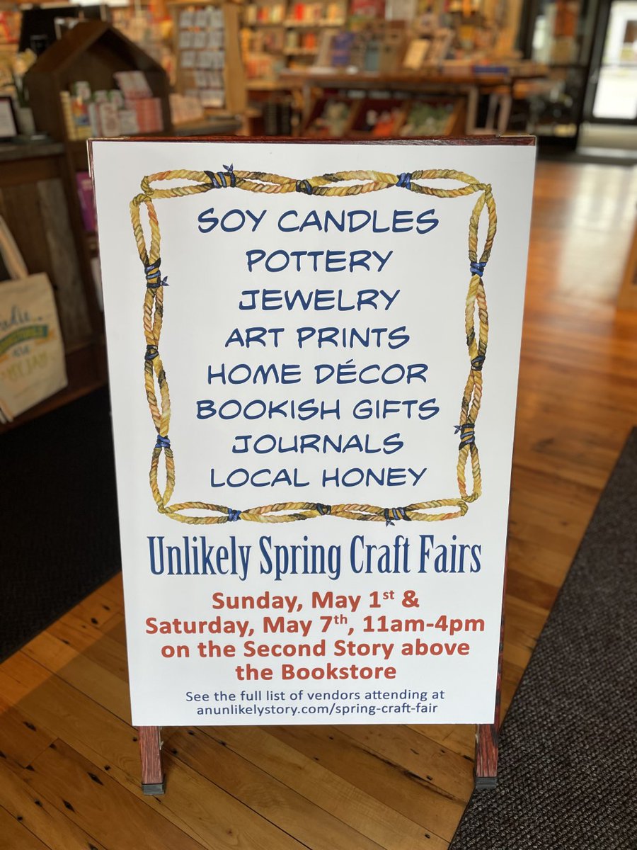 unlikelybkstore's tweet photo. Stop by tomorrow to #shoplocal vendors at our Spring #CraftFair, 11-4 on the Second Story above the #bookstore. See the full list of vendors attending at https://t.co/yS3uKbybCT https://t.co/r2iPSRkzCf