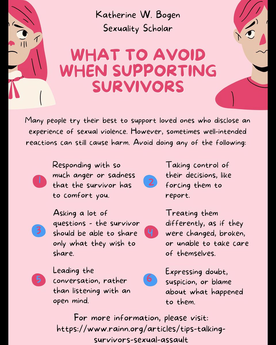 If a sexual violence survivor discloses their experience to you, DO: listen without interrupting, provide emotional support, express validation and belief, thank them for trusting you & ask what they need. 

#sexualassault #supportingsurvivors #psychology #socialreactions