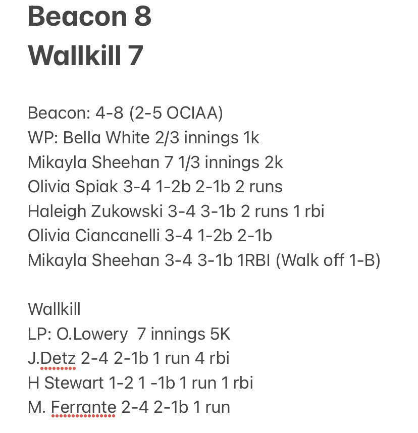 WALK OFF! Down 2 going into bottom of the 7th, Mikayla Sheehan’s 2-out single scored Christina Merola to win it. Proud of our girls for their mental toughness coming back when facing adversity, especially against a Coach Murphy led team. We are at Monticello Monday. <a href="/BCSDBulldogs/">Beacon Athletics</a>