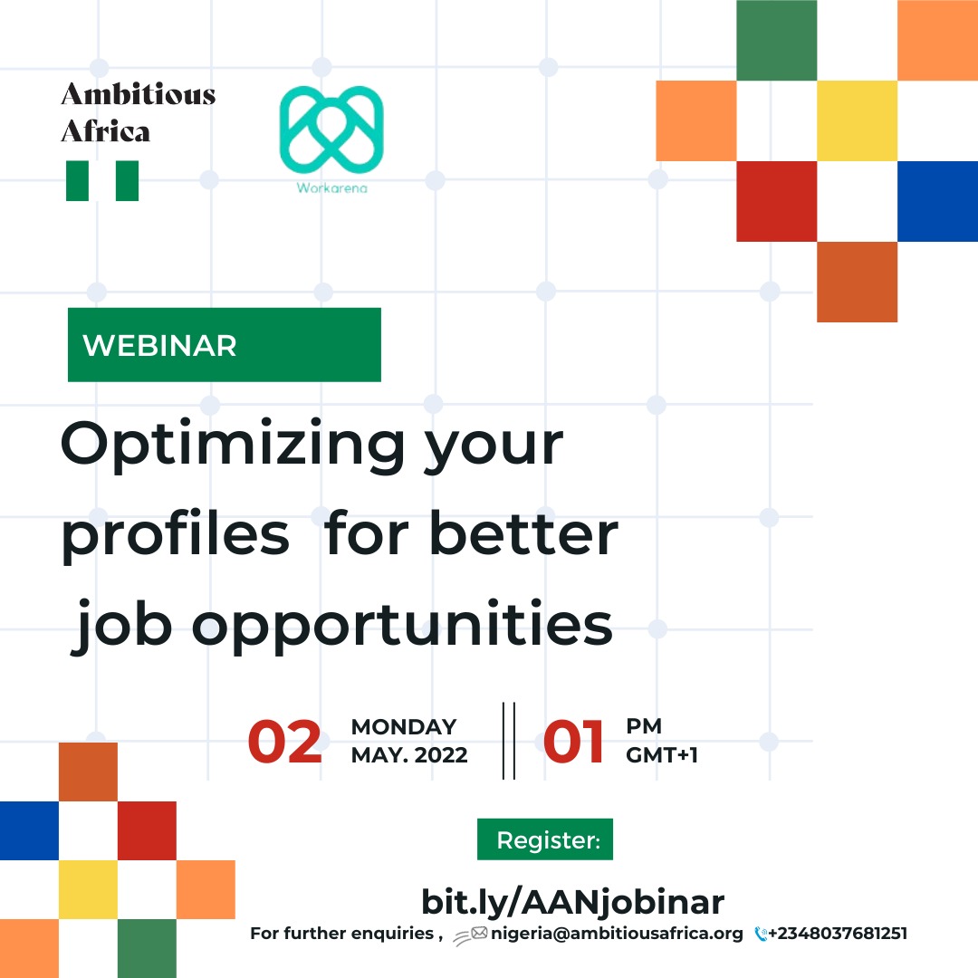 You want to optimize your profile professionally for better chances of getting hired?
Join us by Monday 2nd may 
Register here; bit.ly/AANjobinar
#jobs #jobvacancy
#jobopportunity  #jobsearch