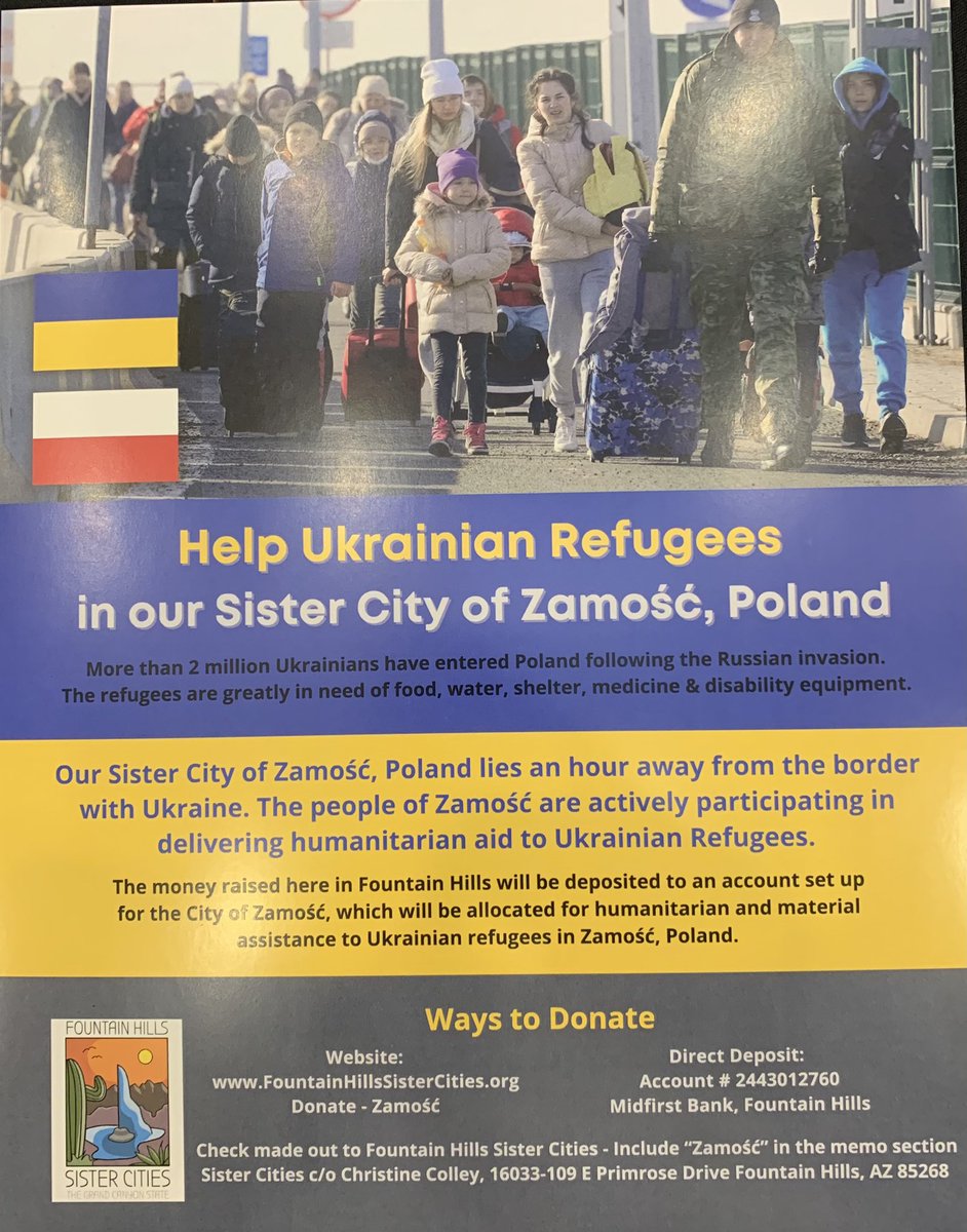 Cmerica's tweet photo. Thank you @fhazgov and #FountainHillsSisterCities for hosting the #ArizonaSisterCities Annual Conference. Fantastic event. We also received generous donations for our #fountainhills sister city in Poland supporting Ukraine refugees. https://t.co/Ra7FS9iKEl