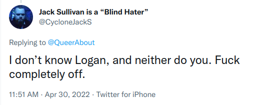 QueerAbout's tweet photo. This turdblossom bullies a lot of people. Next time he rolls up on your feed, remind him of the time he looked the other way when he found his QueerSatanic posse might actually be abusing trans people.
#justiceforlogan
#transabuse
#gayappropriation https://t.co/XJfJMWrKhI
