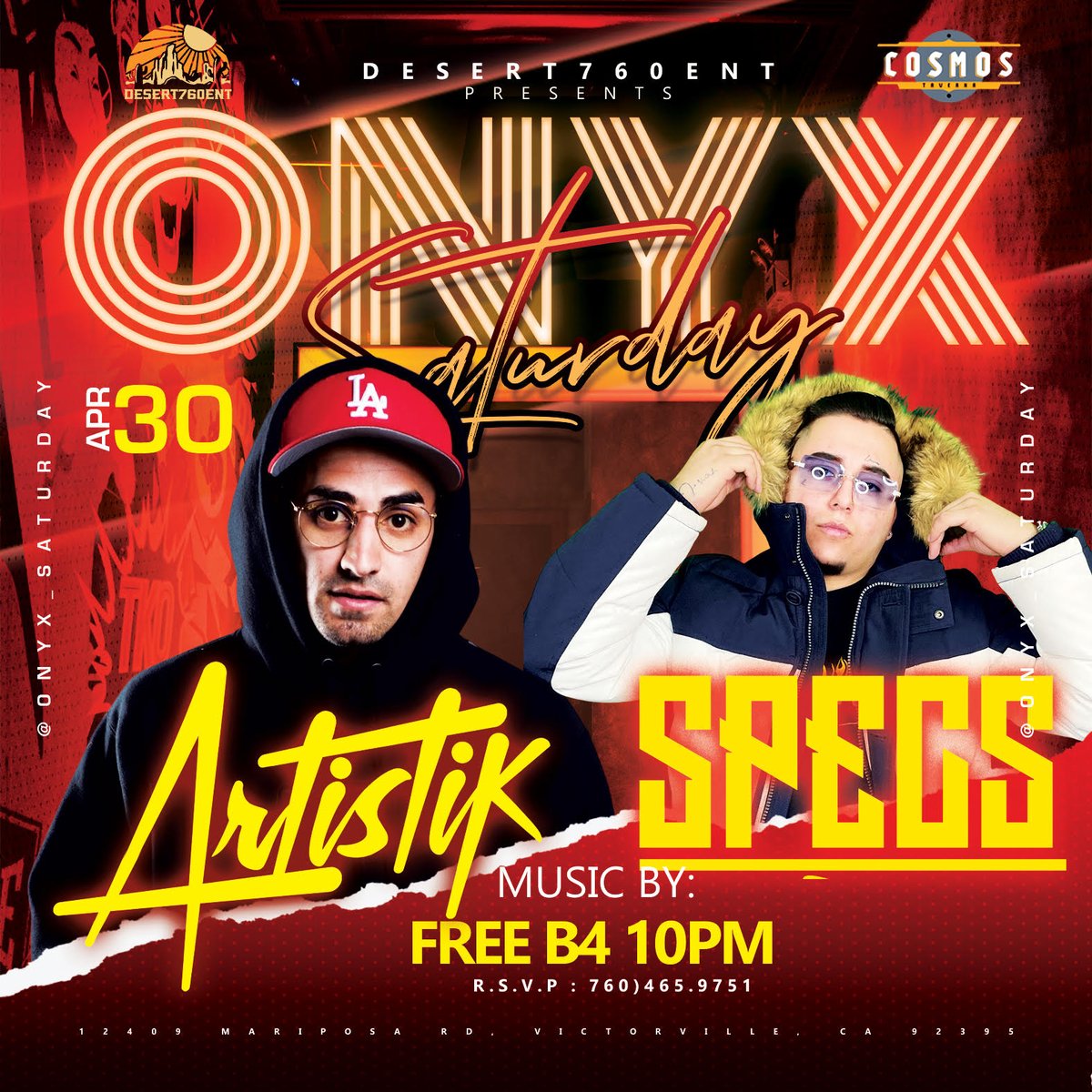 CosmosTaverna's tweet photo. Tonight @djartistik making his debut @onyx_saturdays this Saturday W/ @djspecsofficial ‼️ free before 10pm @cosmostaverna @desert760ent ‼️ Bottle service and table reservations are available. https://t.co/xoV9ol1scB https://t.co/PRTsduNXon