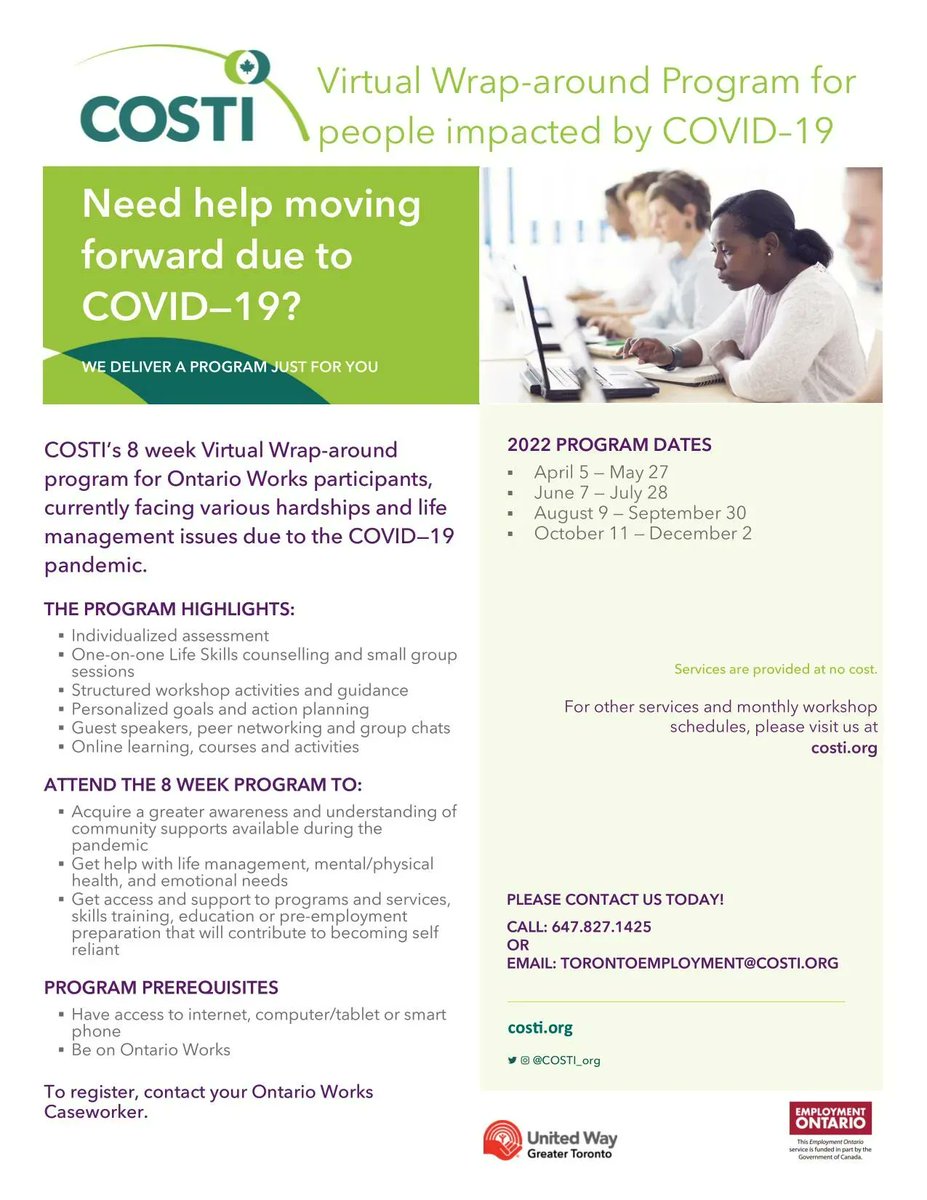COSTI_org's tweet photo. Our #VirtualWraparoundProgram helps #OntarioWorks participants who might be facing hardships & life management issues due to the #pandemic. The next cohort begins on June 7, 2022. #RegisterNow! Contact us at 647.827.1425 | torontoemployment@costi.org. #COSTIEmploymentServices https://t.co/ZE5u6UcCxO