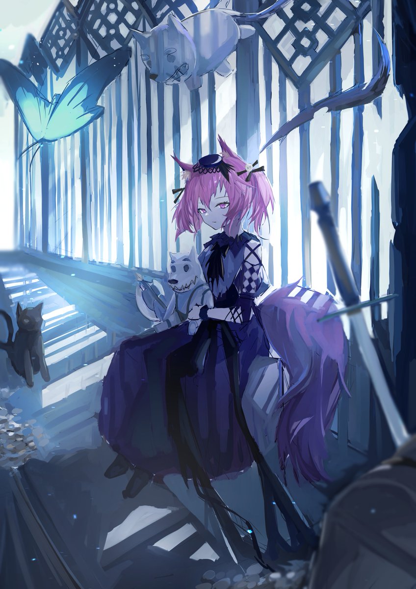 1girl official alternate costume animal ears dress tail pink hair sitting  illustration images