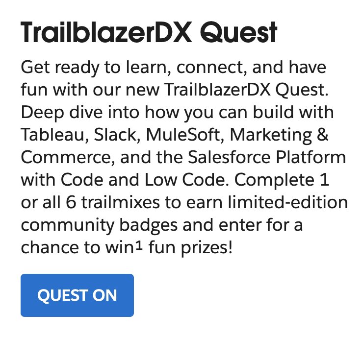 JadeVBForce's tweet photo. 🎁 Want more badges and a chance to win prizes? 🎁
https://t.co/dV6T2TiIXr

#TDX22 #trailhead #TrailblazerDXQuest #Salesforce #SalesforceQuests #salesforceadmins https://t.co/Op2cdR0a9m