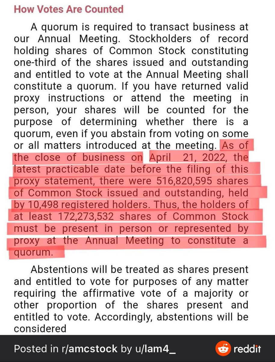 Did AMC just reveal that there are 10498 registered holders of AMC Stock that own THE ENTIRE FLOAT OF AMC?! This was at the bottom of page 4 of the annual shareholder and vote announcement on 6/16/22.
#AMC