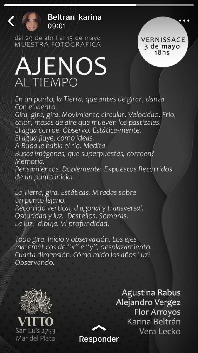 Falta muy poco para encontrarnos en el vernissage de la muestra "Ajenos al tiempo" 
<a href="/Rabas78/">Agus 💫</a> 
<a href="/florarroyos/">Flor Arroyos</a> 
<a href="/VergezAlejandro/">Ale Vergez</a> 
<a href="/LeckoVera/">Vera Lecko</a> 
y quién escribe ...los esperamos!!! 

#fotografia
#fotos
#photography 
#photographer