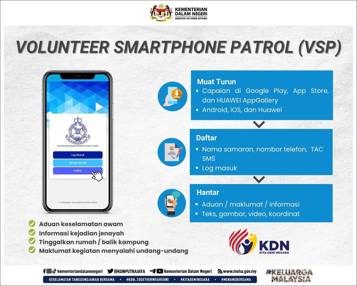 VOLUNTEER SMARTPHONE PATROL (VSP)

Volunteer Smartphone Patrol (VSP) merupakan aplikasi yang diwujudkan oleh PDRM dengan tujuan untuk memudahkan masyarakat menyalurkan maklumat atau aduan mengenai keselamatan dan jenayah yang memerlukan bantuan daripada pihak polis.