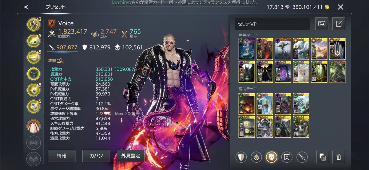 決勝戦で使用したプリセット
セリナリード／星座ソウル共に防御

カウンターの単発ダメよりも攻撃回数を優先して無限を採用

※数値はギルドバフのみ