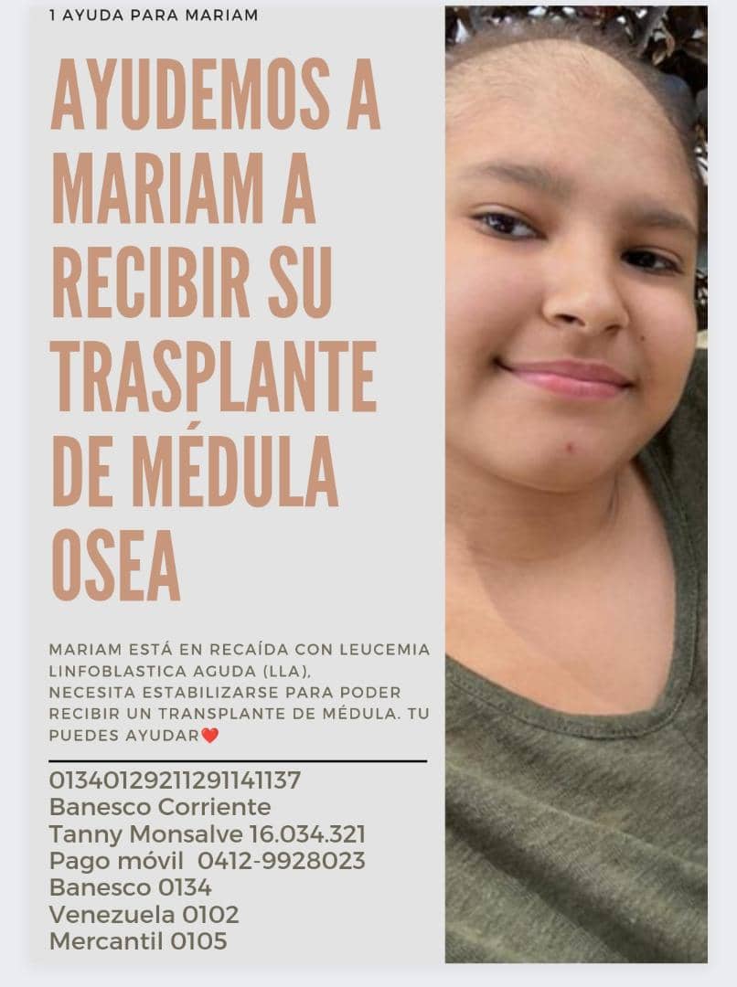 Mi bella Marian ha recaído después de tocar la campana, la leucemia volvió y ahora debe ser sometida a un transplante de médula. Esta es su campaña para reunir los fondos necesarios para llevarla a España donde su papá está buscando la ayuda.
No nos rendimos y seguimos con Dios.