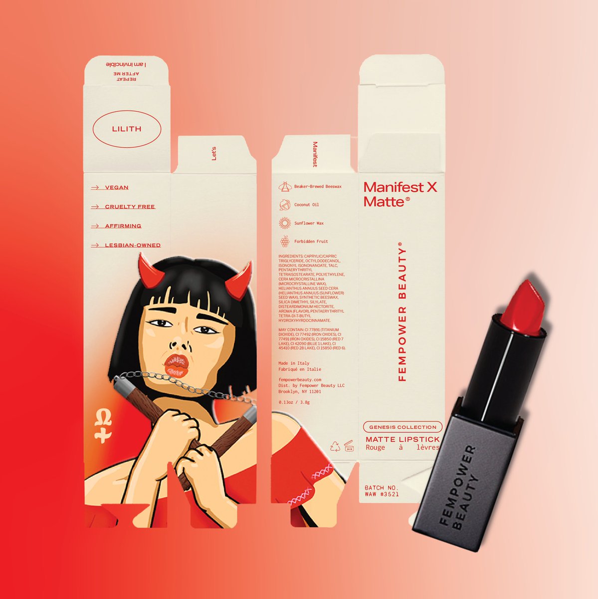 christinabasias's tweet photo. Did you know that Lilith was Adam's first wife & was banished to hell when she refused to lay beneath him? Inspired by women who want to be on 🔝 & use all their ⚔️, Lilith is a defiant, fiery, blue-toned matte red lipstick by @fempowerbeauty #WAWIPContest! 💄Who would buy her? https://t.co/S57uKgRkGF