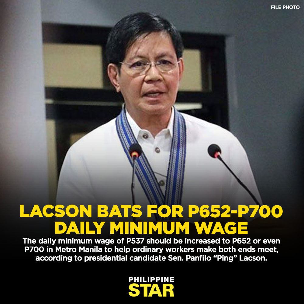PhilippineStar's tweet photo. Presidential candidate Sen. Panfilo “Ping” Lacson said the salary of workers must automatically increase congruent with the price adjustments of basic commodities, which often occur whenever the value of petroleum products goes up. https://t.co/JfbAWL1U8x