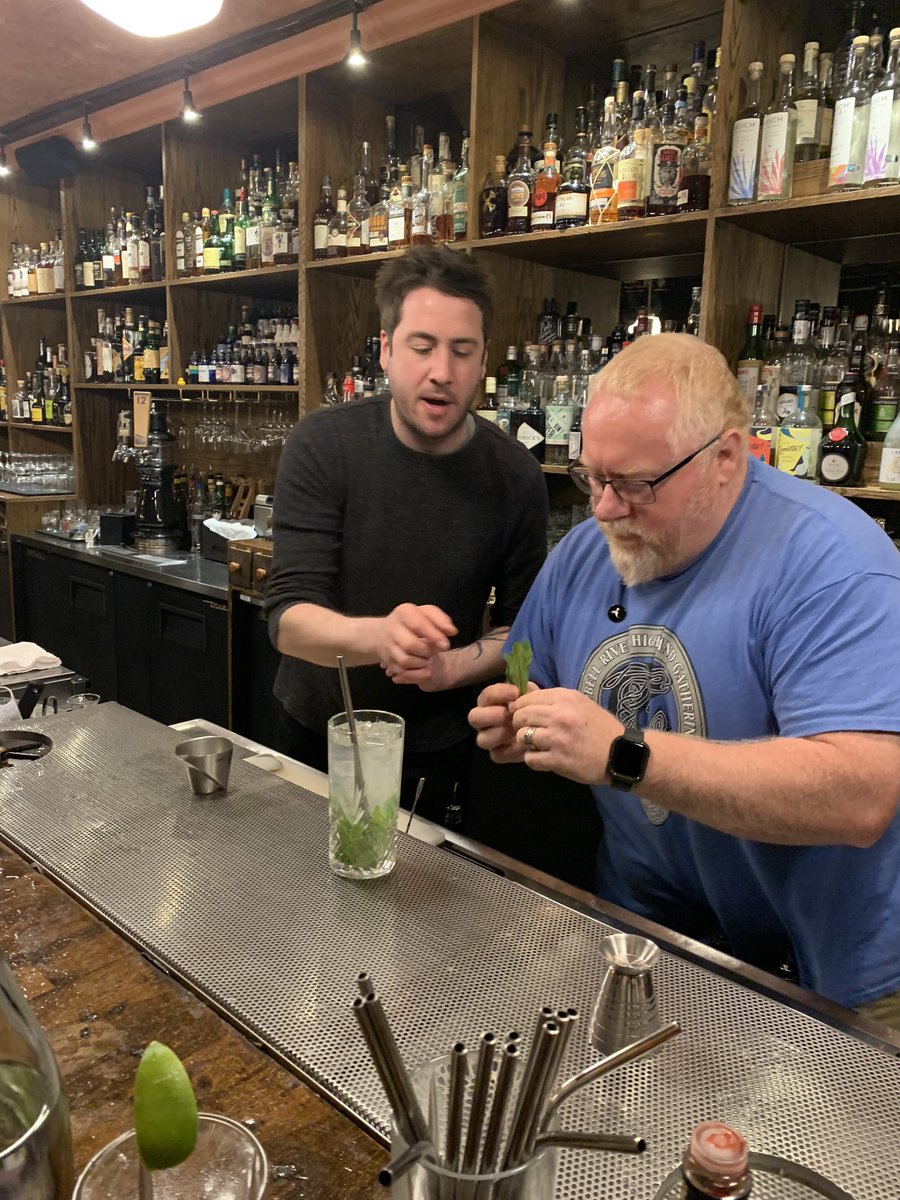 IAmCarlJensen's tweet photo. Back in the lab today at @LittleJumboBC with Nate fr Nimble Bar Co! Today’s focus was garnish & bitters which was artfully woven into a cocktail of course! Say Hello to the #Mojito! #bartenderintraining #bartending https://t.co/0nZjoN0RDs