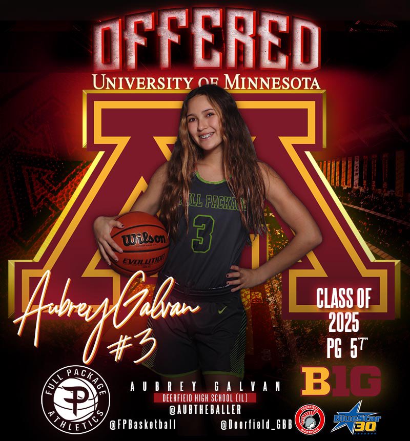 After a great conversation with Coach Whalen &amp; Coach Gray-Miller, I am excited to announce my first D1 offer from <a href="/GopherWBB/">Minnesota Women's Basketball</a>!!
Thank you <a href="/Lindsay_13/">Lindsay Whalen</a>, @shimmy33 and <a href="/GopherWBB/">Minnesota Women's Basketball</a> and to everyone that have had a hand in my development <a href="/FPbasketball/">Full Package</a> <a href="/Deerfield_GBB/">Deerfield Warriors Girls Basketball</a> <a href="/BlueStar30s/">BlueStar30</a> #Gophers