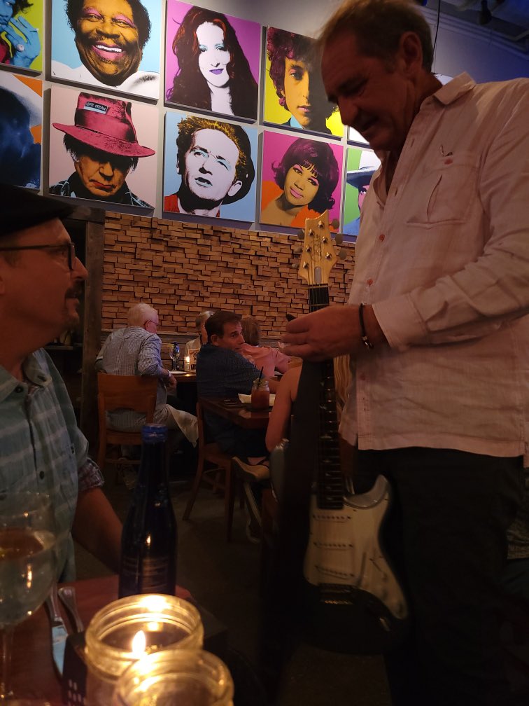 bobbydevito's tweet photo. At a recent gig with Mike Kach Band at the Blue Rooster in Sarasota. Greg absolutely LOVED his @prsguitars Silver Sky and had to show it to me and let me play it. He was always excited to talk music and gear and was just ON FIRE that night #gregpoulos #bluerooster https://t.co/bHr3ezcLCR