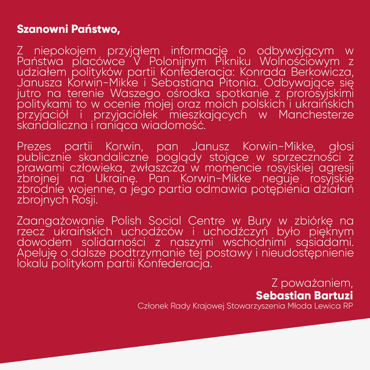 __sbartuzi's tweet photo. Polski ośrodek w Manchesterze, który miesiąc temu organizował zbiórkę dla ukraińskich uchodźców i uchodźczyń, jutro organizuje spotkanie z politykami Konfederacji, m. in. z Januszem Korwin-Mikke.

Wysłałem mail'a do dyrekcji ośrodka z apelem o odwołanie wydarzenia 👇 https://t.co/11fRrEYk3R