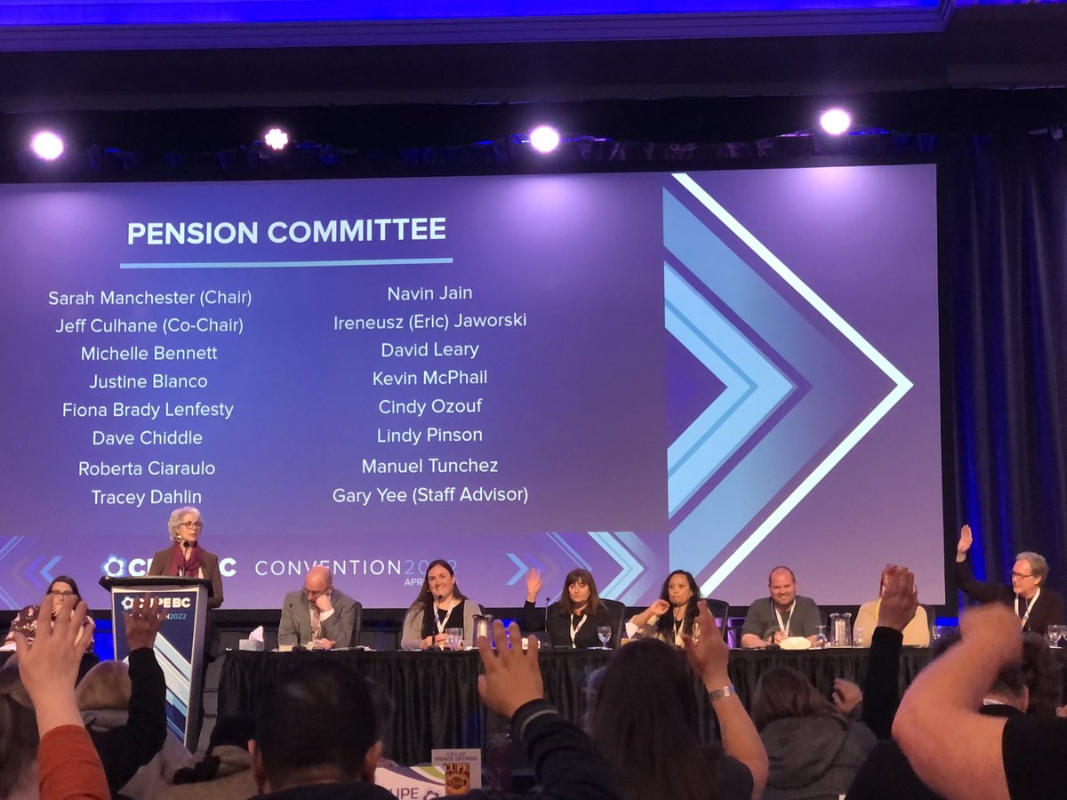 cupe403's tweet photo. It’s the last day of #cupebc2022 our President @SaraManchester1 and Sec Treasure and Jeff Culhane Present the Pension Committee report. https://t.co/TGHH2g5n4G