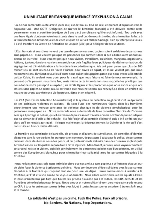 CalaisLogement's tweet photo. 🚨UN MILITANT BRITANNIQUE MENACÉ D'EXPULSION À CALAIS 🚨

Communiqué concernant notre camarade de Calais actuellement détenu au CRA de Lille.

Communiqué regarding our comrade in Calais who is currently being detained in the administrative detention center (CRA) of Lille. https://t.co/5iftFGrKJZ