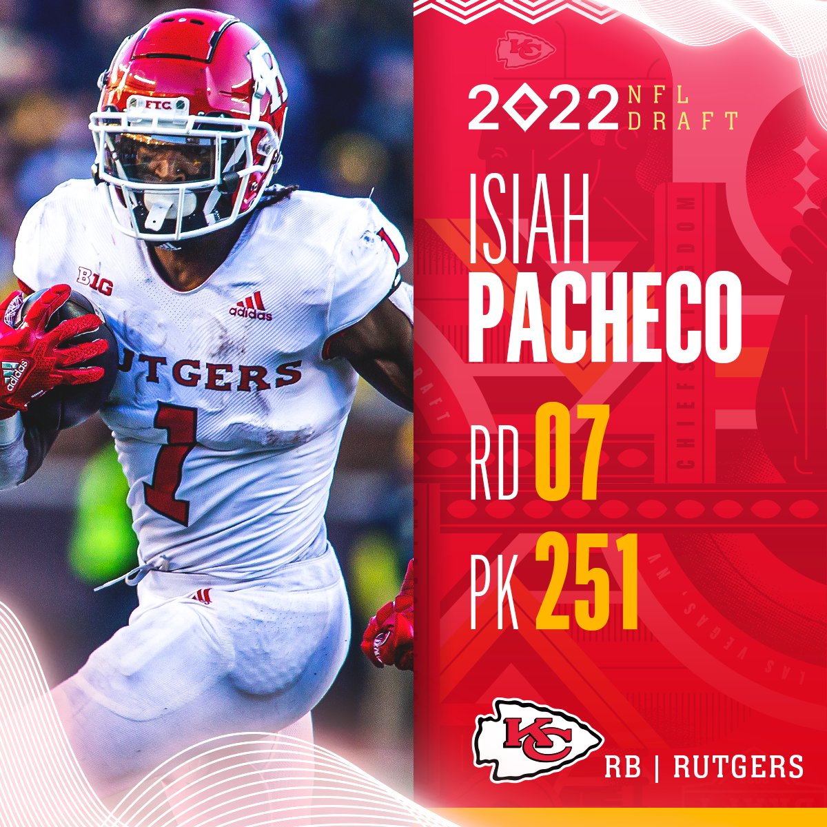 With the No. 251 overall pick in the 2022 @NFLDraft, the @Chiefs select Isiah Pacheco! 📺: 2022 #NFLDraft on NFLN/ESPN/ABC