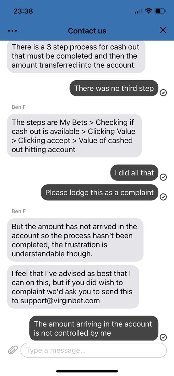 Utterly unacceptable from <a href="/VirginBet/">Virgin Bet</a> to not honour a legitimate cash out because I didn’t check the money has been paid before the end of the matches. Very poor #virginbet #cashout