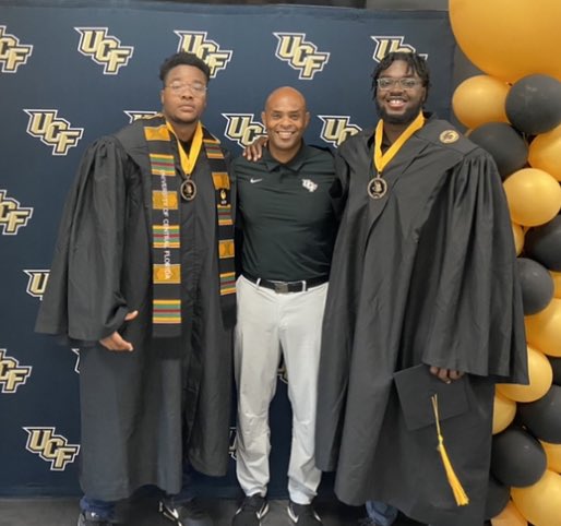 CoachLeeIV's tweet photo. PROUD to be standing with these young men & THE BEST OL COACH IN THE GAME. Congratulations @Cheedozzz @ecollins50 for receiving your degree!!! May God continue to guide your steps. Be developed, play high caliber ball and receive a great EDUCATION. #whynotucf @UCF_Football https://t.co/ueIQhlaxTH