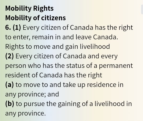 Kitsune__Alexis's tweet photo. @toddwil40692041 That's a big fat no, as it's a blatant violation of section 6, subsections 1, 2a, and 2b of the Canadian Charter of Rights and Freedoms. https://t.co/9N46NqXQYQ