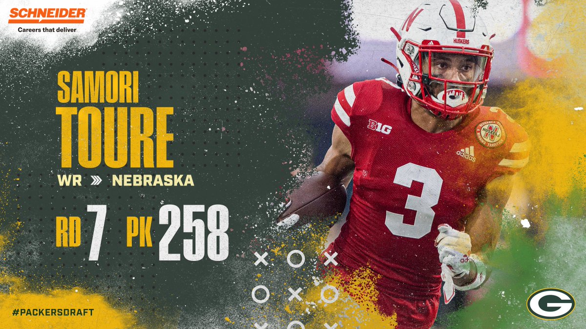 With the 258th pick in the 2022 #NFLDraft, the #Packers select Nebraska WR Samori Toure!
  
#PackersDraft | @SchneiderCareer