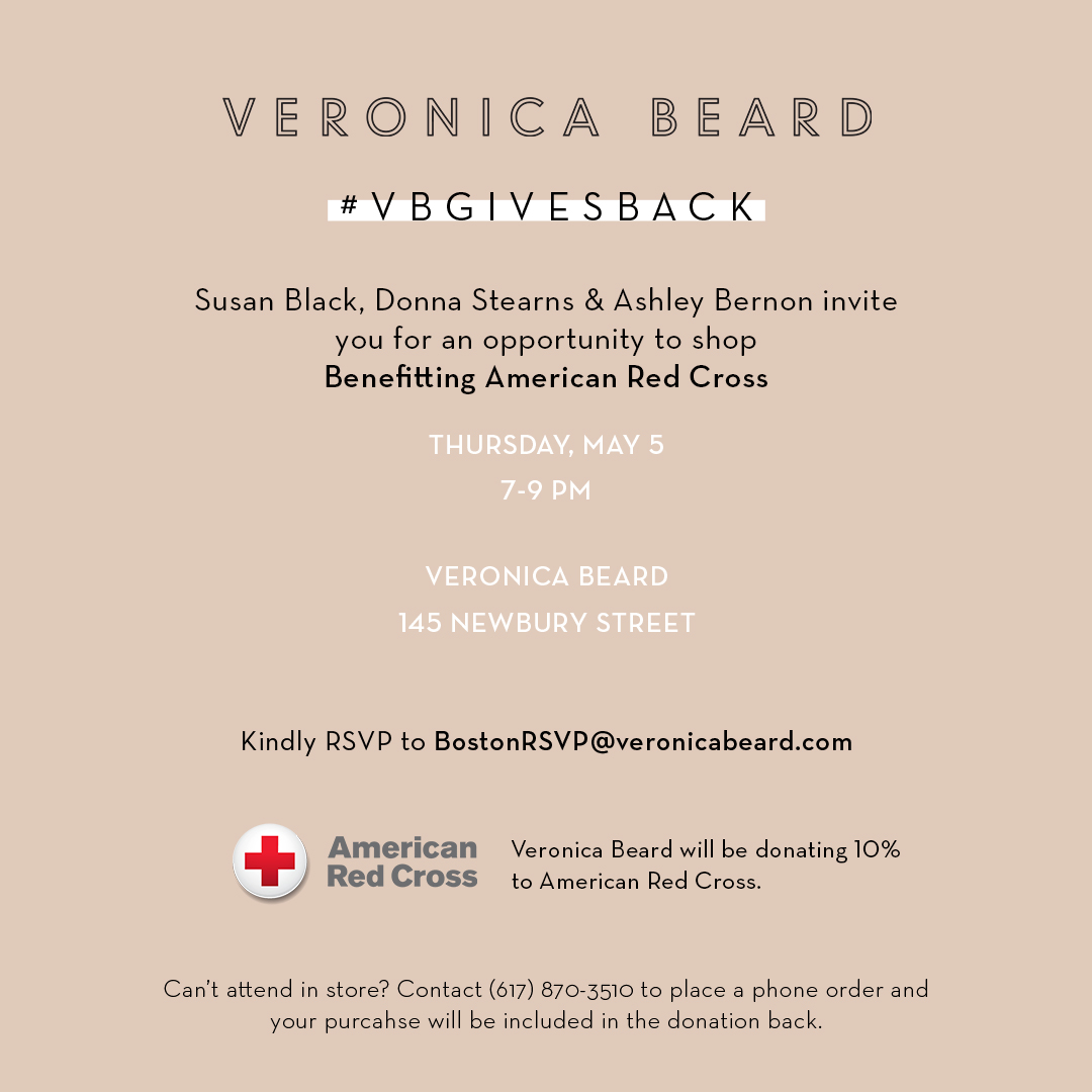 RedCrossMA's tweet photo. Join members of the MA Tiffany Circle at @veronicabeard Newbury St. location May 5 from 5-7 pm for an opportunity to shop benefitting the Red Cross. If unable to attend, both phone and online orders will be included in the donation back. #VBGIVESBACK https://t.co/wgtfyFM5G7