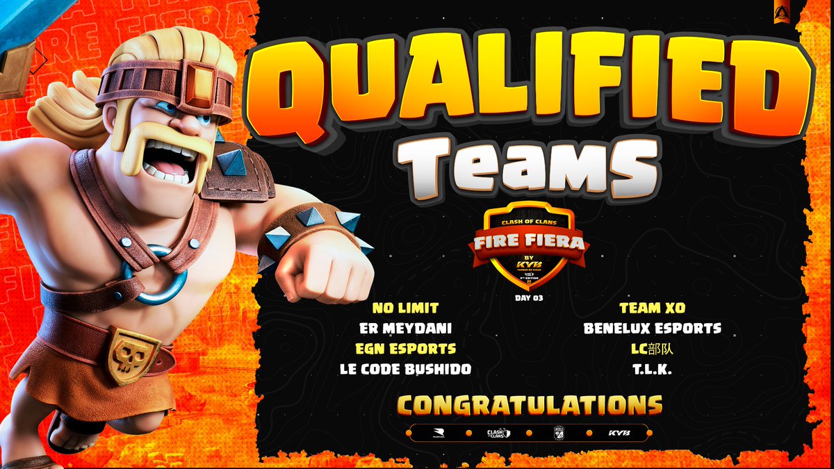 Our qualified Teams / Day 3 🔥
Congrats!!!:
<a href="/NoLimit_coc/">NoLimit</a> 
#ERMeydani
@TeamXOxClash 
<a href="/BeneluxCoc/">Benelux eSports CoC</a> 
<a href="/EGNesports/">EGN Esports</a> 
#LC部队
@LeCodeBushido 
#TLK

Thanks for the stream:
@galaxy0898 <a href="/coco22TV/">Coco 🫧</a> <a href="/HeimdallSama/">Heimdall Sama</a> 

Best staff ever: <a href="/IamFelipe00/">IamFelipe</a> <a href="/LoganSFclans/">Logan</a> 
Admin: <a href="/monykmartz/">Monyk 🦁🔥❤️✈️</a>