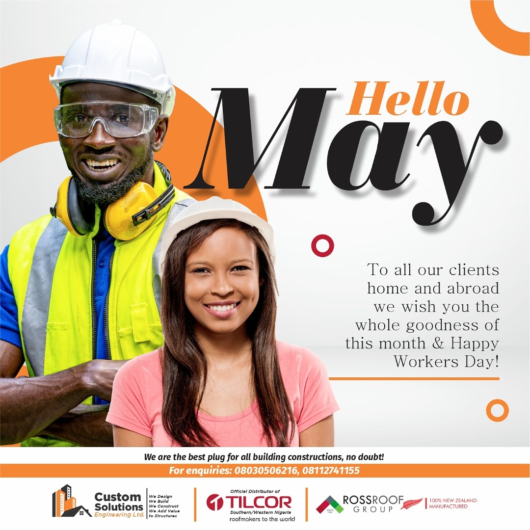 Customsolutng's tweet photo. Hello May!

Happy New Month to all our clients home and abroad, we sincere appreciate your trust in us. Remain blessed

#customsolutng #csetilcor #tilcorroofing #tilcor #roofing #roofingcontractor #roof #professional #engineer #newmonth #may #workers #day #may1 https://t.co/IJ3kjftqQ8