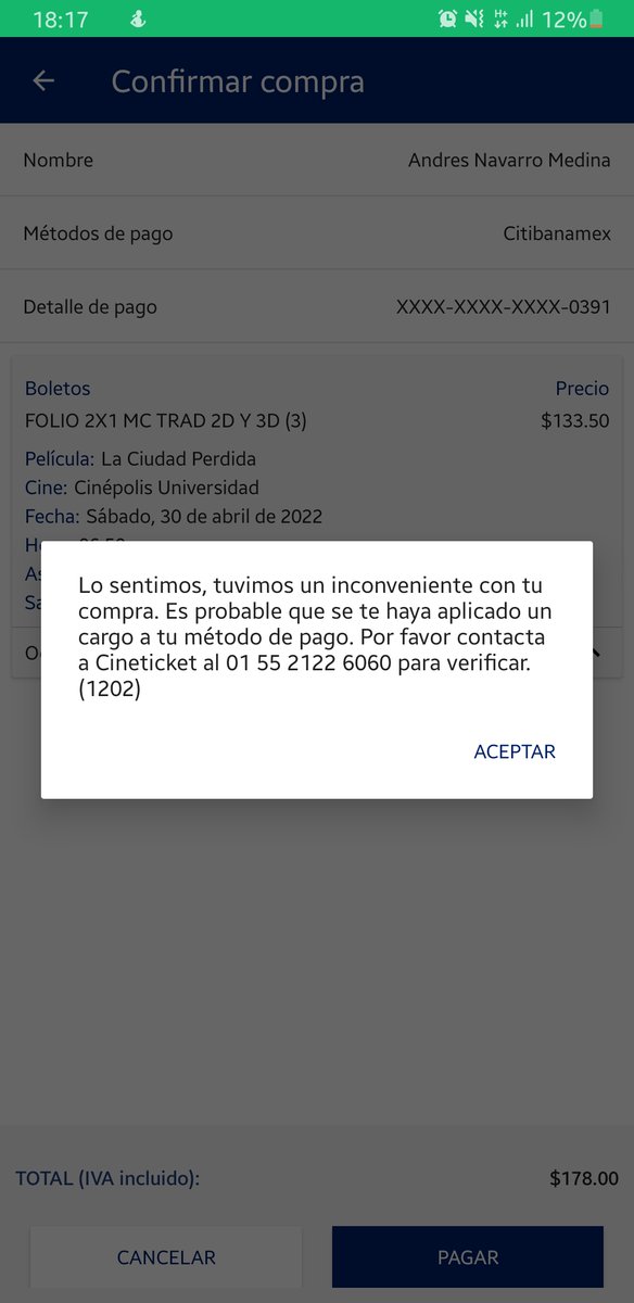 otwittss's tweet photo. @AyudaCinepolis compré dos veces en la app de Cinépolis y me hicieron el cargo las dos veces pero no me reconoce las compras la app https://t.co/LZKb6rUMHC
