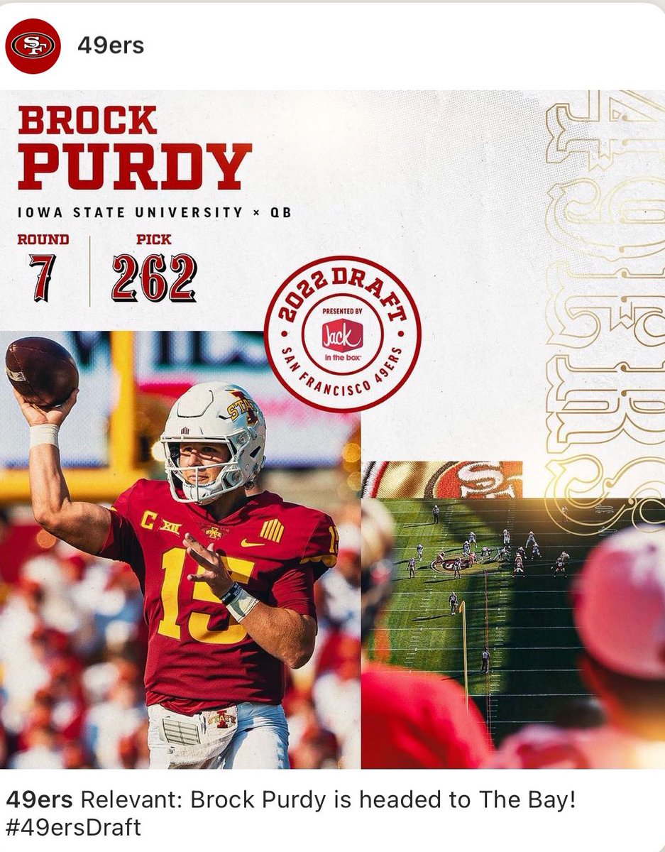 We are headed to the Bay!!! Congratulations <a href="/brockpurdy13/">Brock Purdy</a> and all of your accomplishments! We love you bunches❤️💛 #49ers #2022Draft