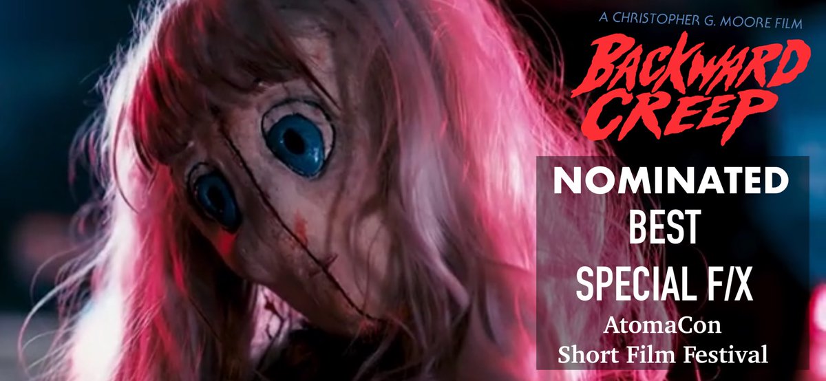 Very proud that our film <a href="/BackwardCreep/">BackwardCreep</a> has been nominated by the <a href="/Atomacon/">AtomaCon</a> Short Film Fest for Best Special FX. Our Fx person Matt Patterson &amp; costumer Elizabeth Caddy worked hard to being to life our villain and gore FX and we’re excited to see their collaboration spotlighted.