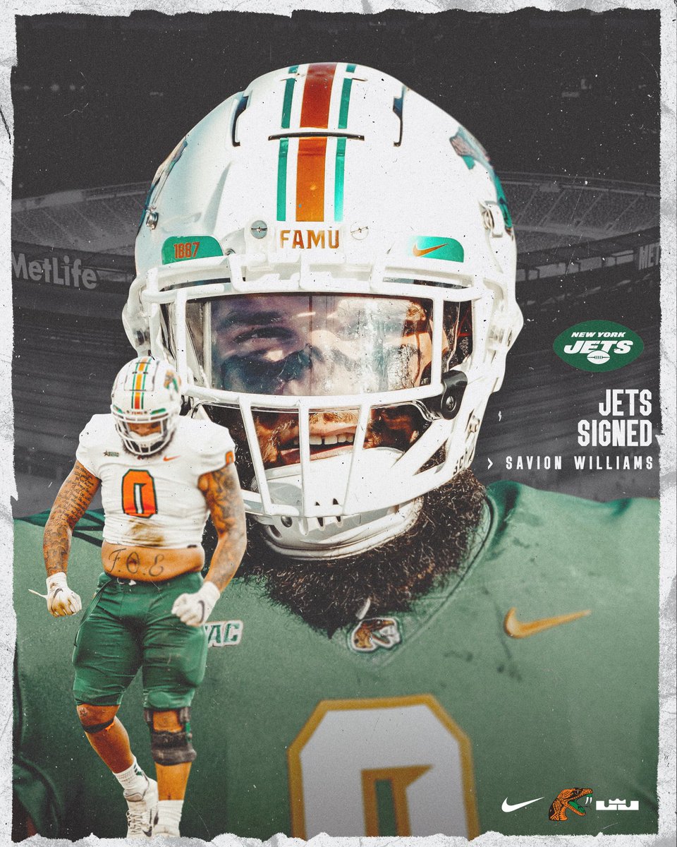 FAMU_FB's tweet photo. 🚨 𝗦𝗜𝗚𝗡𝗘𝗗 🚨

Savion Williams has signed with the @nyjets!

#FAMU | #Rattlers | #LeaveNoDoubt | #NFL https://t.co/Y5v22cO0e7