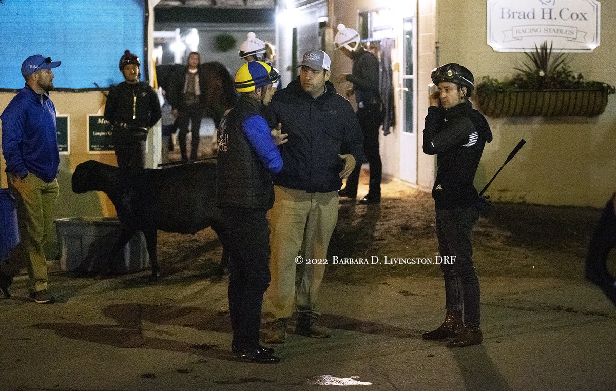 DRFLivingston's tweet photo. Brad Cox, Florent Geroux and Flavien Prat talking after Cyberknife and Zozos worked very early this morning at @ChurchillDowns . 

Oh, and the background players, in their pre-dawn routine, include the famous @1_misterman , the goat. 

#KentuckyDerby https://t.co/nEkCrHsb0p