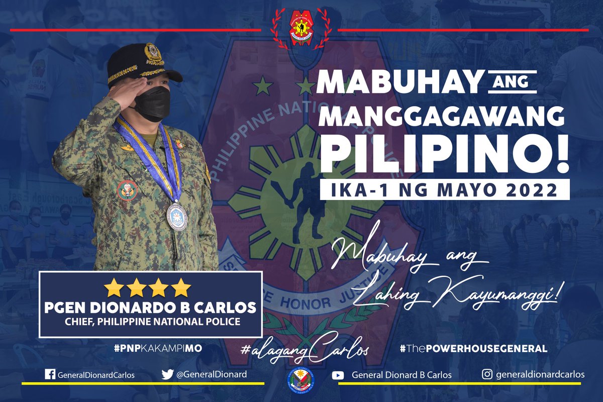 GeneralDionard's tweet photo. Nagpupugay ang PNP sa pamumuno ni PGEN DIONARDO CARLOS sa lahat ng magigiting na manggagawa!

#alagangcarlos
#powerhousegeneral
#TeamPNP
#PNPKakampiMo

Instagram: https://t.co/i5gMlrzPT5
Youtube: 
https://t.co/g8qOxhjfWc
Facebook: https://t.co/4aWhzDf80I https://t.co/PQZh6kUGE6