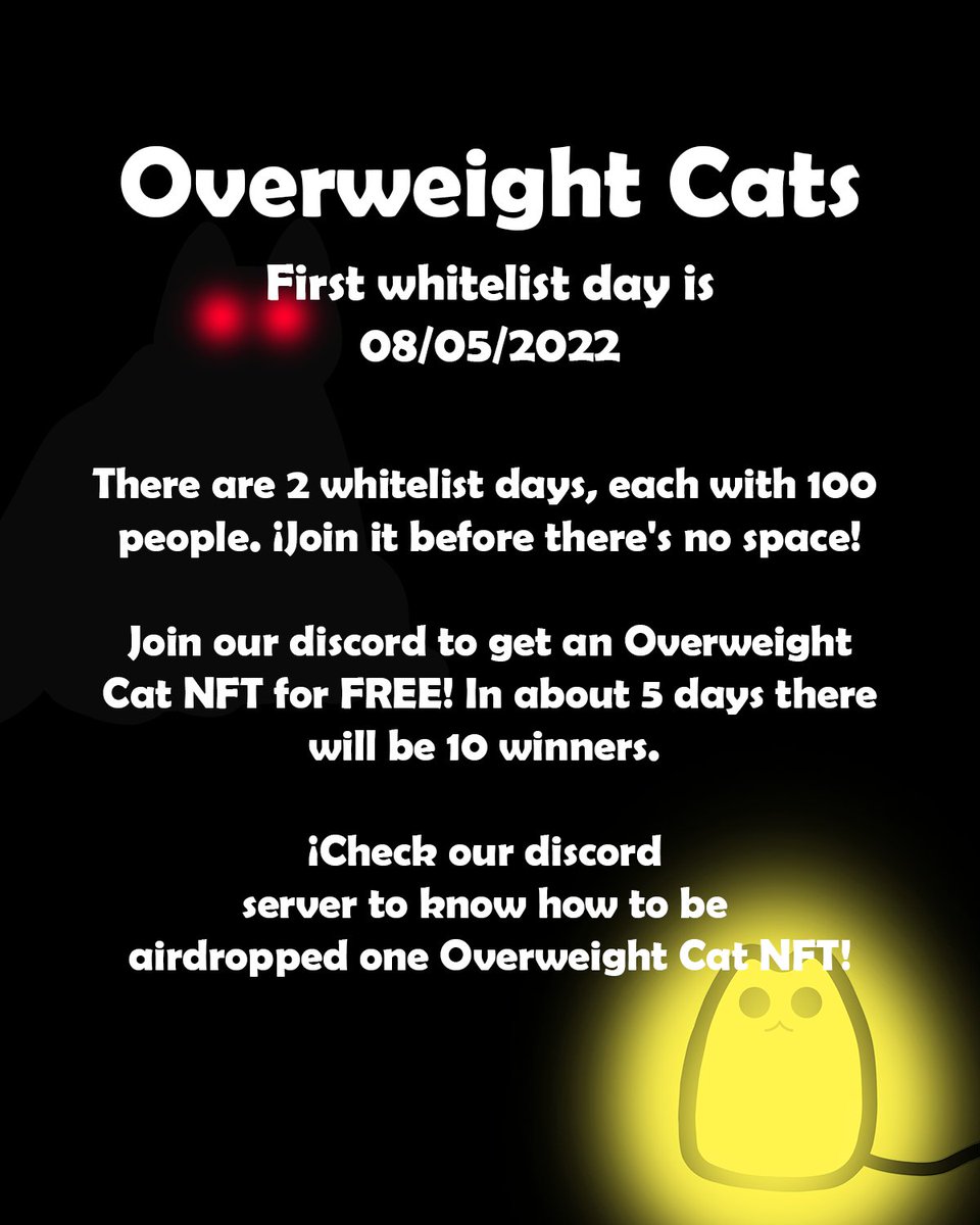 ¡Join our discord to get whitelisted and to participate in the airdrop of 10 Overweight Cats!😼

discord.gg/Sb9Ncus6YX

#nfts #nft #nftdrop #nftcommunity #nftcollection