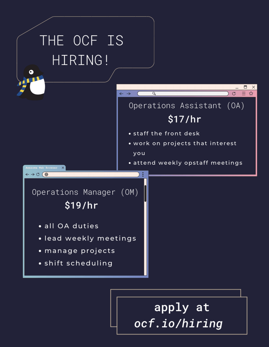 ucbocf's tweet photo. 🚨ATTENTION🚨The OCF is urgently hiring for the fall semester! APPLICATIONS ARE DUE THIS SUNDAY!!! The positions are open to everyone with any type of skillset so we urge you to apply! Have any questions? Check out our IG STORY (@ucbocf) to ask and we'll answer! -OCF Staff https://t.co/e4T8GWP5G1