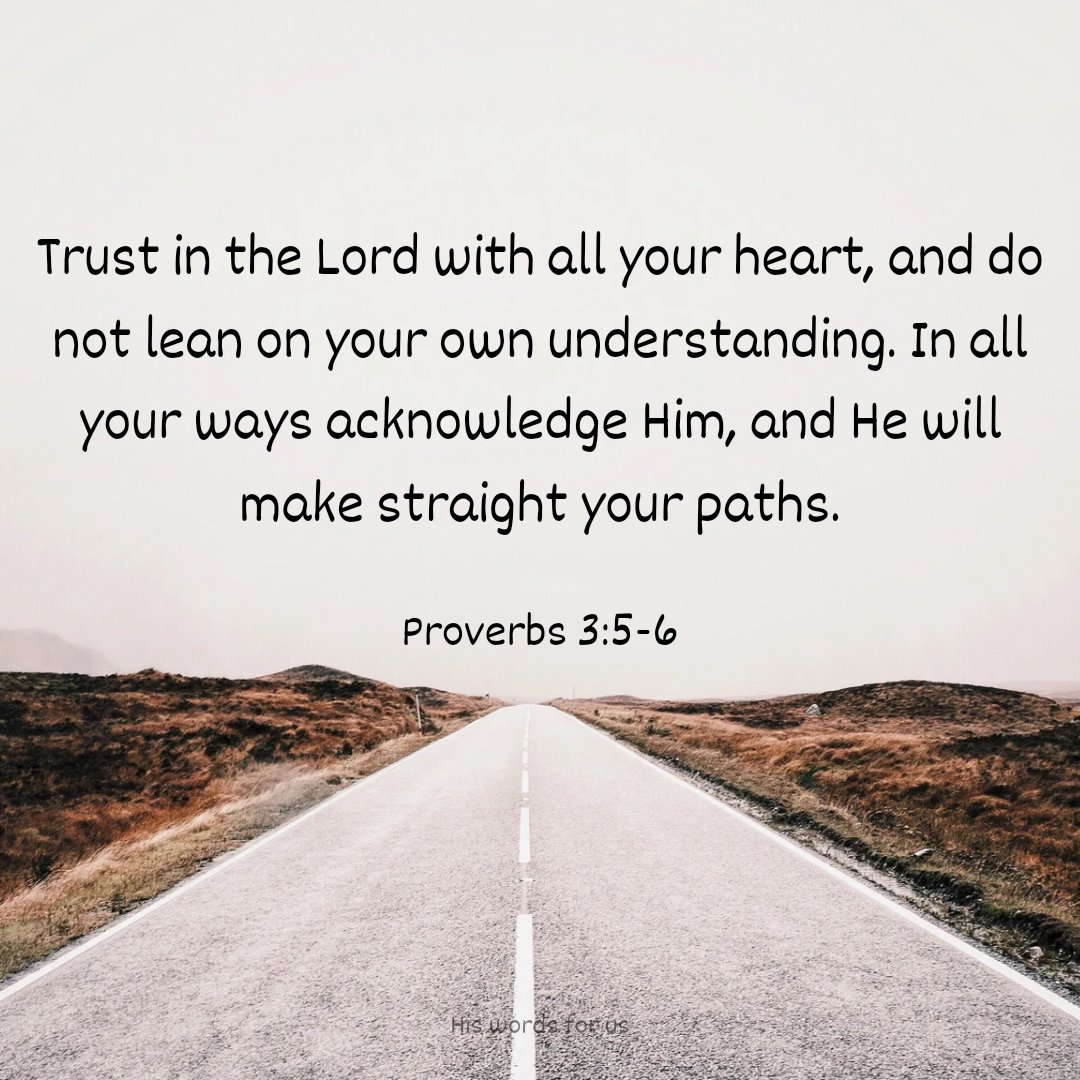 Proverbs 3:5-6
Trust in the Lord with all your heart, and do not lean on your own understanding. In all your ways acknowledge Him, and He will make straight your paths.

#Proverbs3v5to6
#TrustTheLord
#WithAllYoutHeart
#AcknowledgeHim
#StraightPaths
#Hiswordsforus