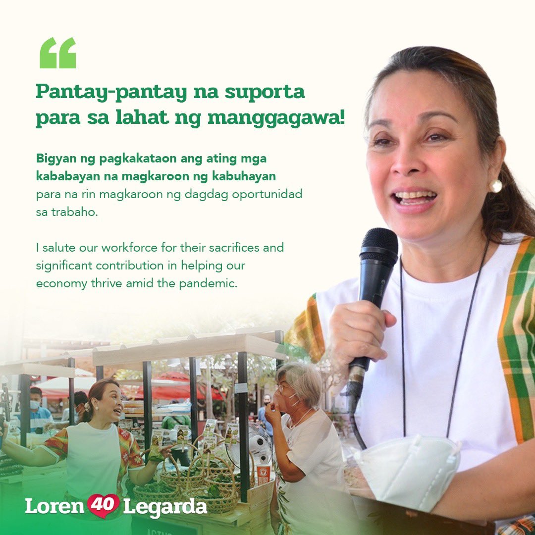 loren_legarda's tweet photo. Maligayang Araw ng Paggawa sa mga Manggagawang PIlipino sa loob at labas ng bansa!
Saludo po ako sa mahalagang papel na inyong ginagampanan para sa pagbangon at pag-unlad ng ating bansa, lalo na sa gitna ng pandemya.
Mabuhay po kayo! ❤️
#LaborDay2020 #40LorenLegarda https://t.co/h0mpe48M1Z