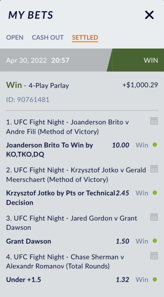 MMABets16's tweet photo. @ufc @espn 50/1 PARLAY CASHED 💰💰💰 https://t.co/NexOswww4Z