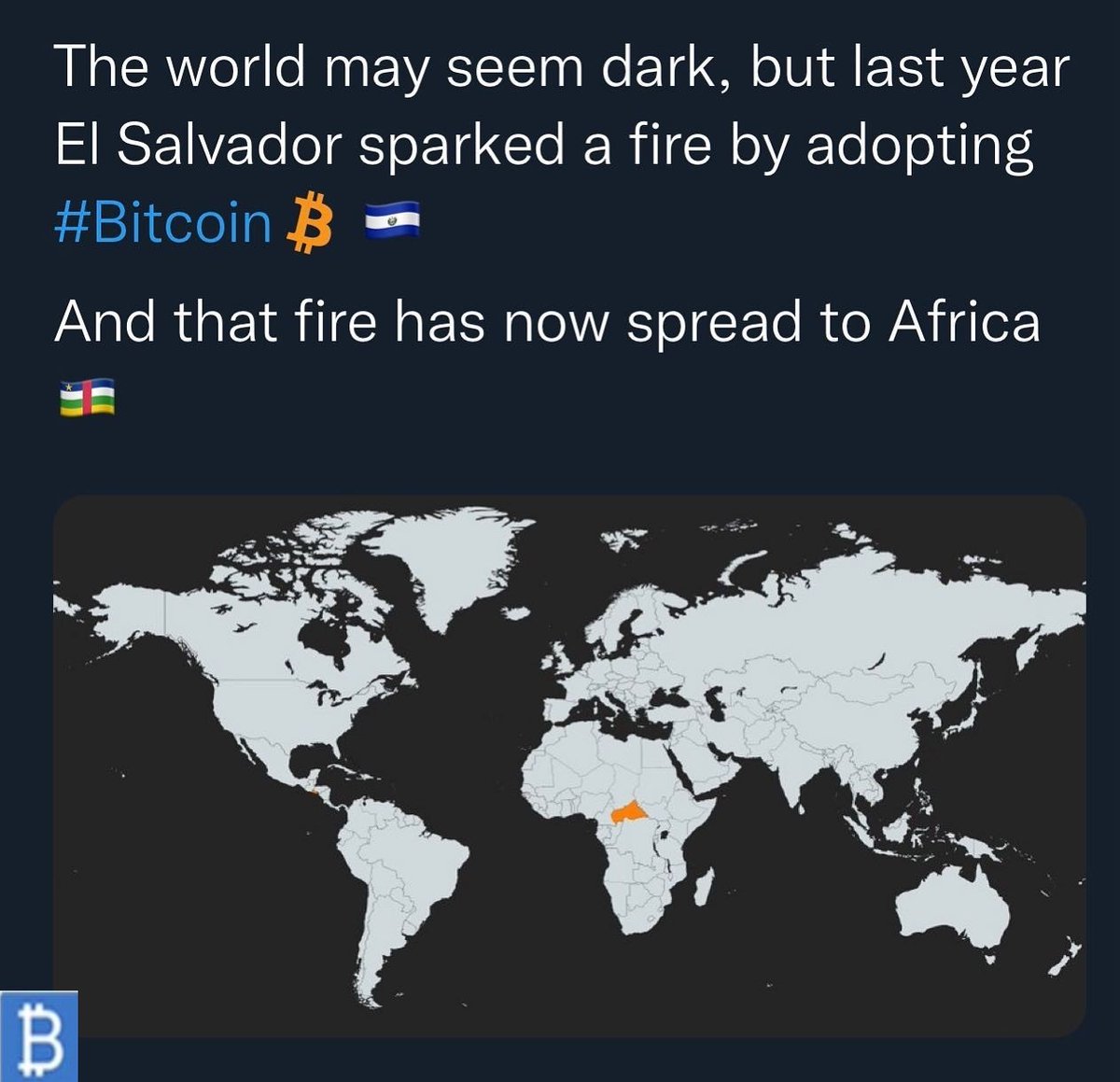 The world may seem dark, but last year El Salvador sparked a fire by adopting #Bitcoin 🇸🇻

And that fire has now spread to Africa 🇨🇫

#africa  #bitcoinnews #bitcoins #cryptocurrency #investement #Ethereum #blockchains