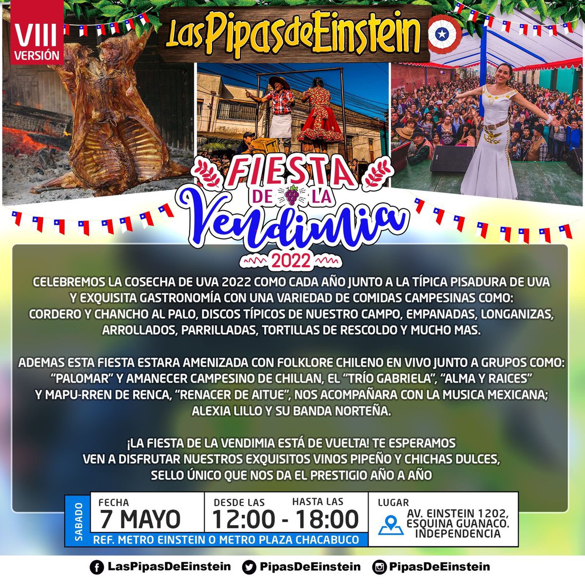 pipasdeeinstein's tweet photo. ¡Listo y dispuesto!, ¡es un hecho!.
Próximo sábado 7 de Mayo nos vemos en la Fiesta de la Vendimia.
🇨🇱🍇¡La fiesta está de vuelta!💃🇨🇱
#vendimia #fiesta #chicha #vino #vinopipeño #laspipasdeeinstein https://t.co/yQmo0rM4wM