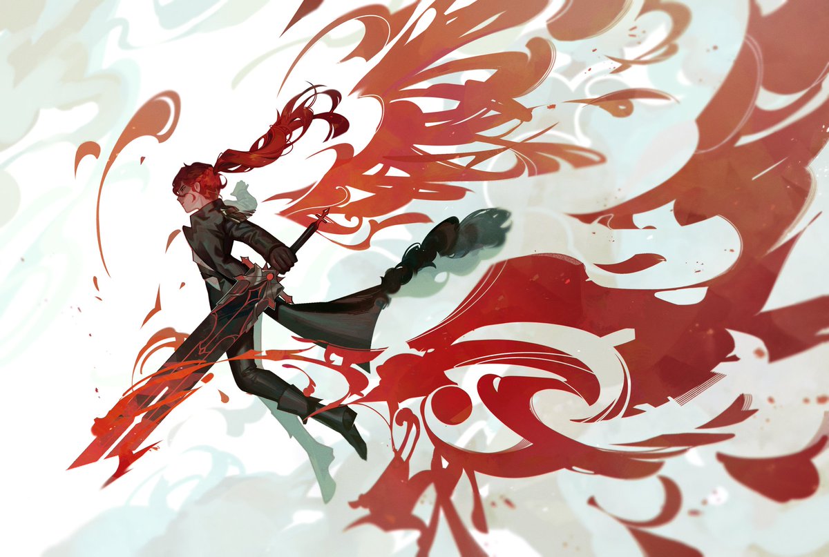 diluc (genshin impact) 1boy weapon red hair sword male focus long hair holding  illustration images