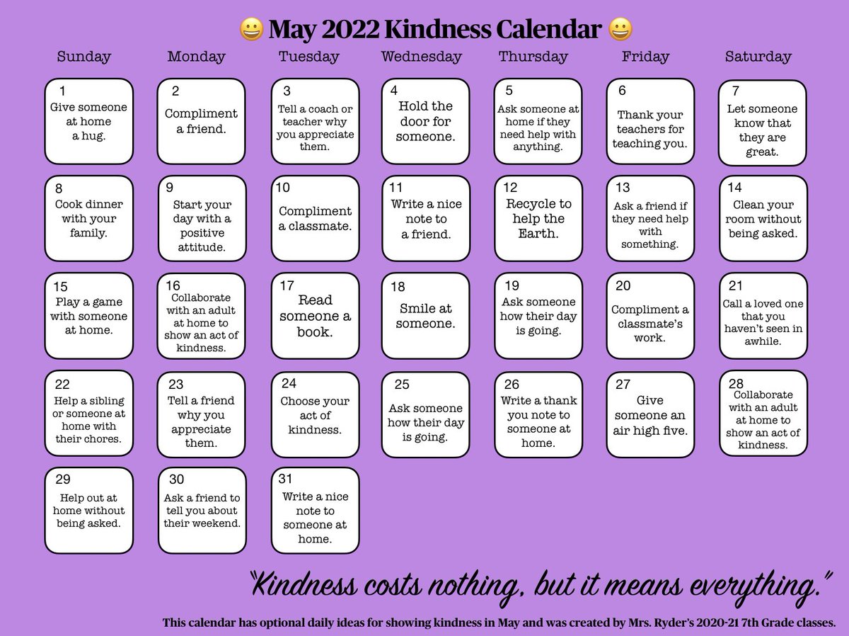 As we approach the end of the school year, here is a kindness calendar with optional daily ideas for your classrooms. My #dg58learns 7th graders from last year helped me create it. Hopefully it will spark conversations about spreading kindness in your communities. #ChooseKind