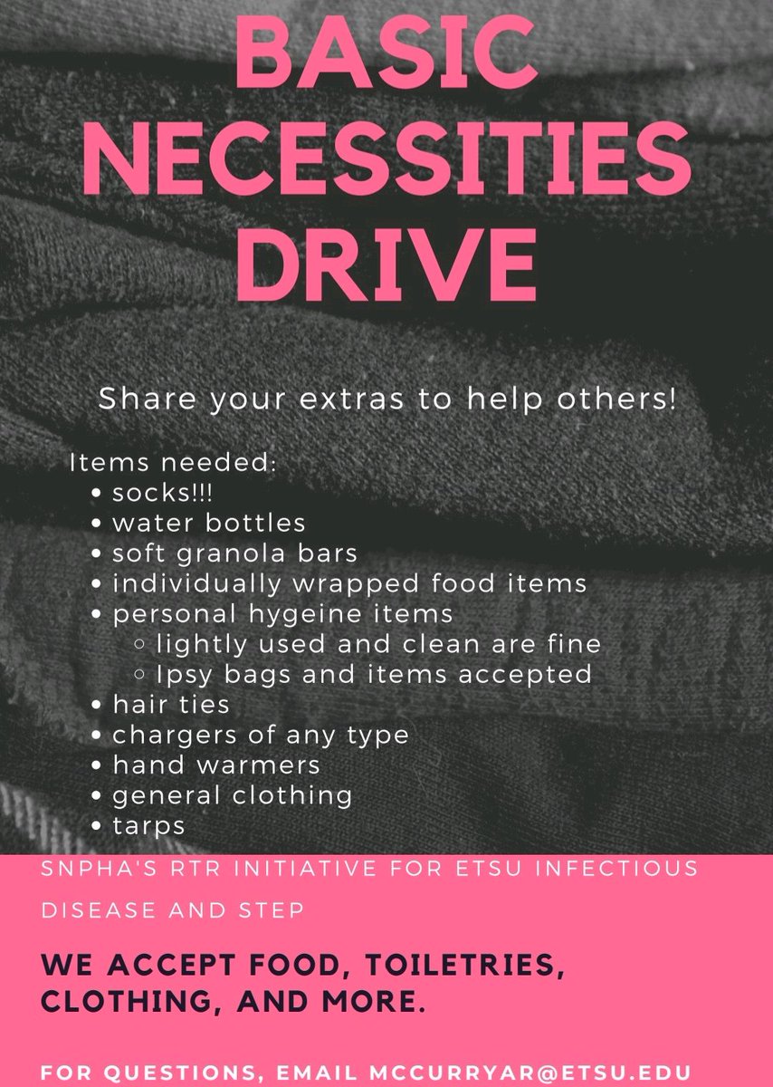 ETSUSNPhA's tweet photo. We're donating basic necessities for STEP TN! This drive runs all this week, and a box will be in the building 7 lobby for donations. If you have questions, reach out to Abby at mccurryar@etsu.edu. 

#ETSUSNPhA #ETSUPharmacy #SNPhA #SNPhARegion2 #GrowingFromOurROOTS #SNPhARTR https://t.co/vq16hfaHDz