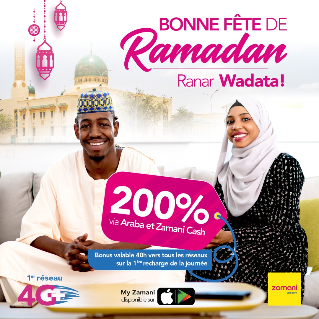 Zamani Télécom vous souhaite une bonne fête de l’Aïd el fitr et vous offre 200% de bonus par zamani cash et Araba

#Zamanitelecom #Aïdelfitr